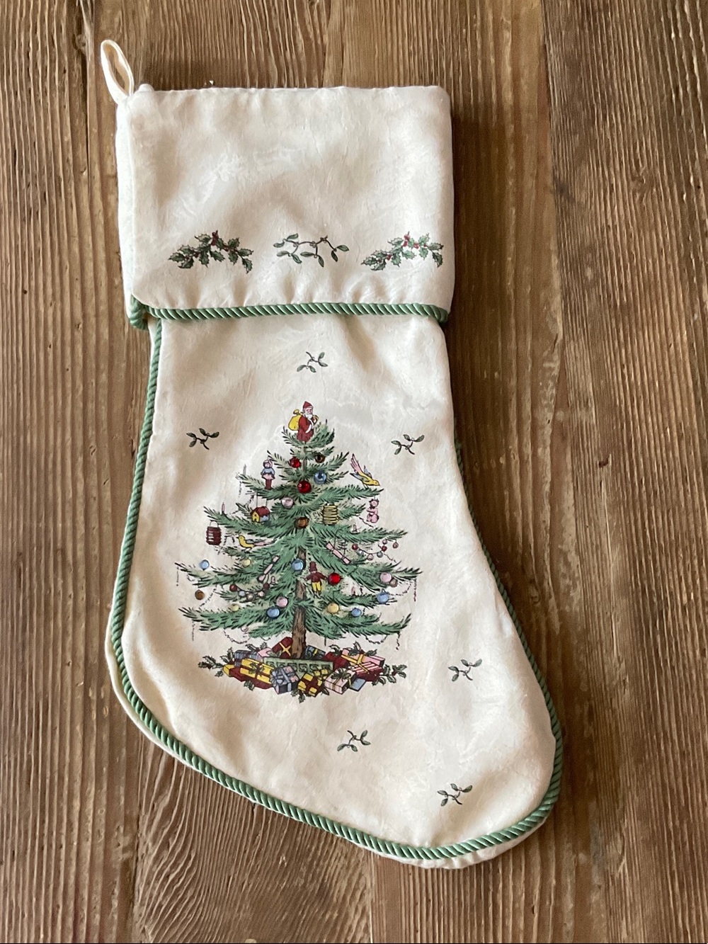 Spode Cream Christmas Stocking with Green Trim and Tree Print